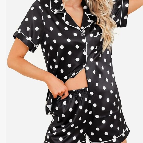 Victorias Secret Soft Satin Pajama Set Shorts Black White Polka Dots Large